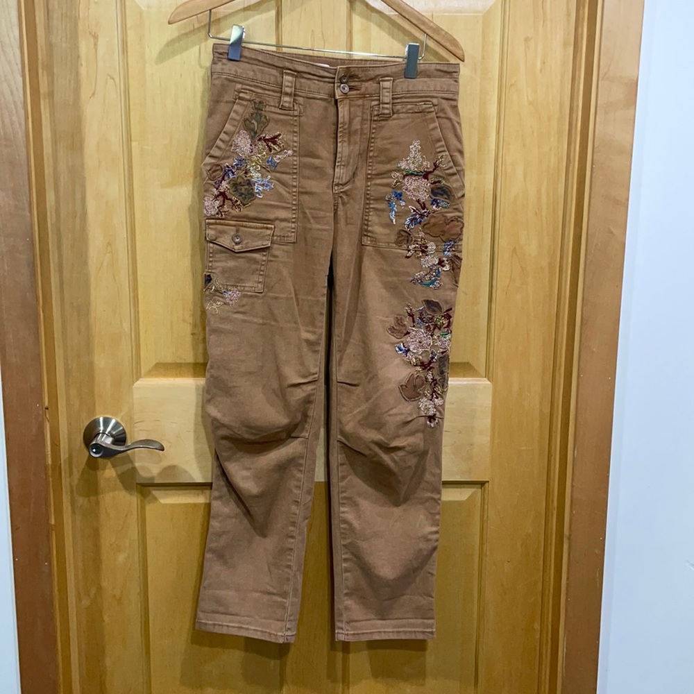 Anthropologie Tan Embroidered Cropped Pants - Picture 2 of 13